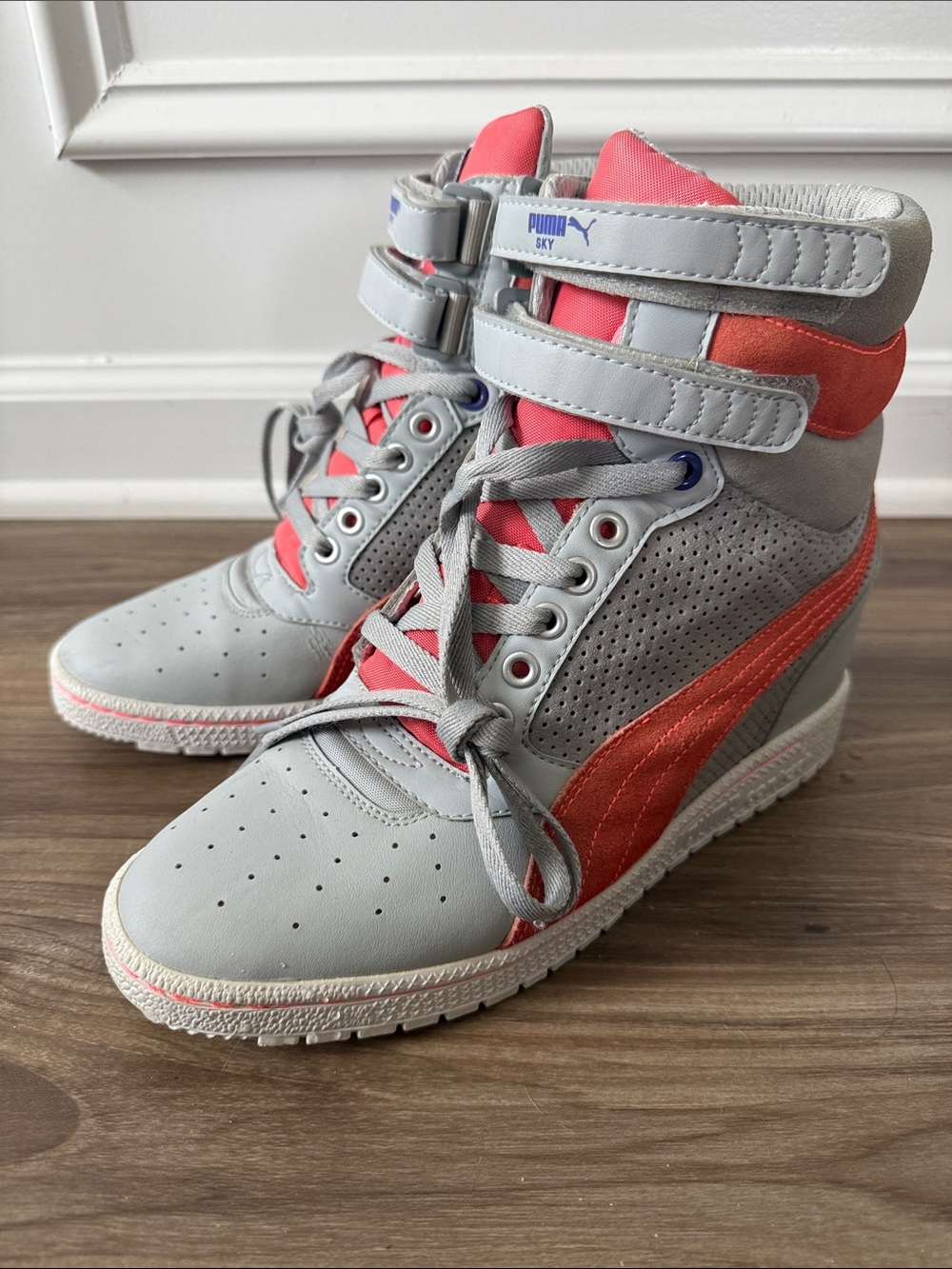 Puma Sky Wedge Women High Top Sneakers Lace Up Shoes Gray Coral Women's 9 1/2